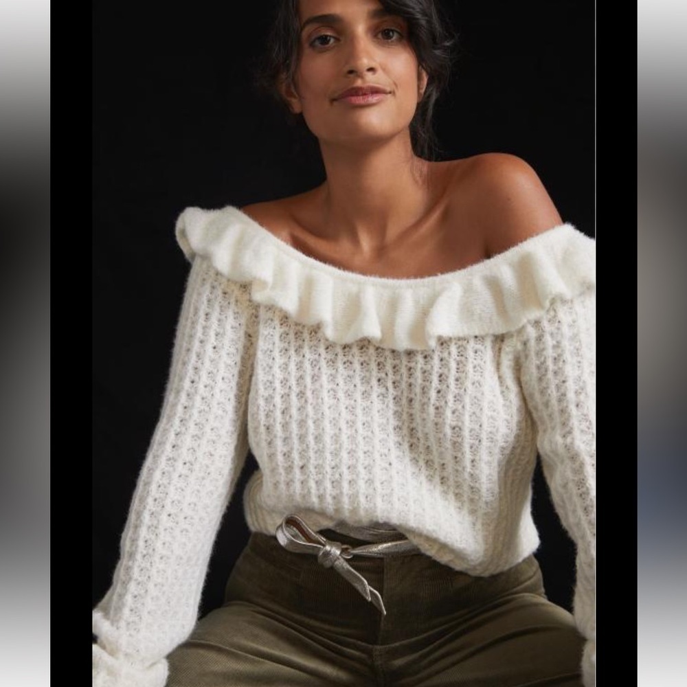 Anthropologie Cream Ruffled Boat Neck Sweater